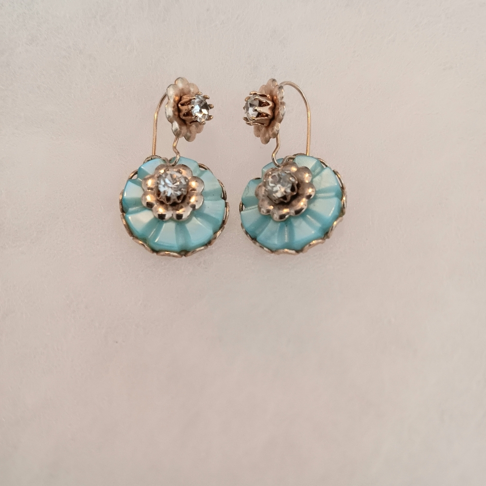 Vintage Blue Floral Button Earrings Rhinestone Drop Earrings - Picture 4 of 4